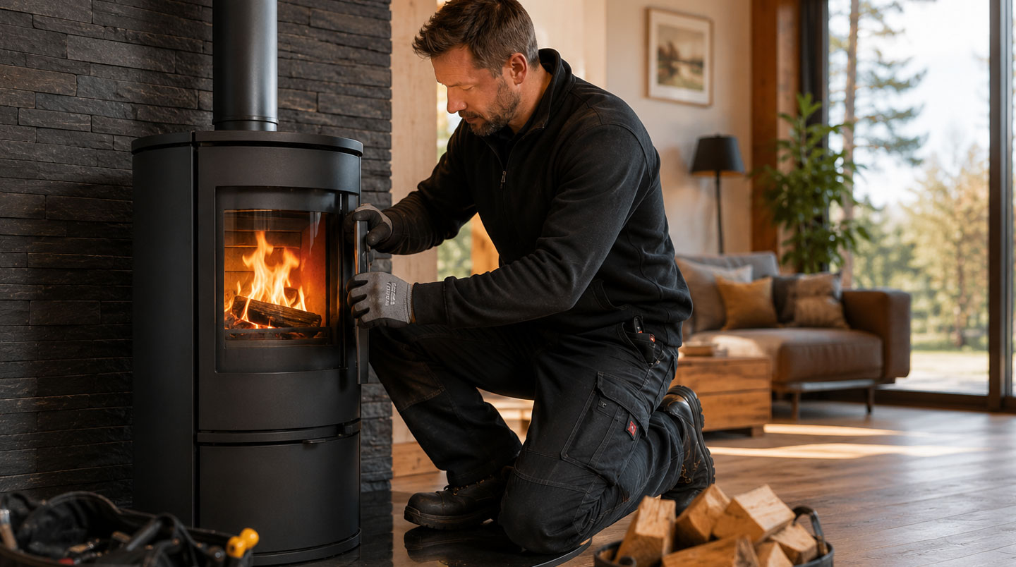 Installateur professionnel certifié (35-50 ans, tenue de travail) agenouillé en train de régler le panneau de contrôle d'une chaudière à granulés moderne dans une chaufferie domestique française, lumière mixte intérieure et lampe de travail