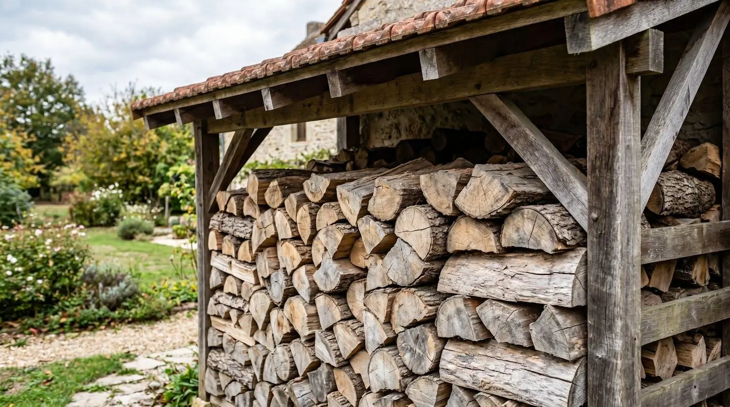 Abri à bois extérieur dans un jardin français, stère de bûches de bois dur (chêne, hêtre) correctement empilées, bois sec de calibre homogène 33 cm, lumière naturelle de jour