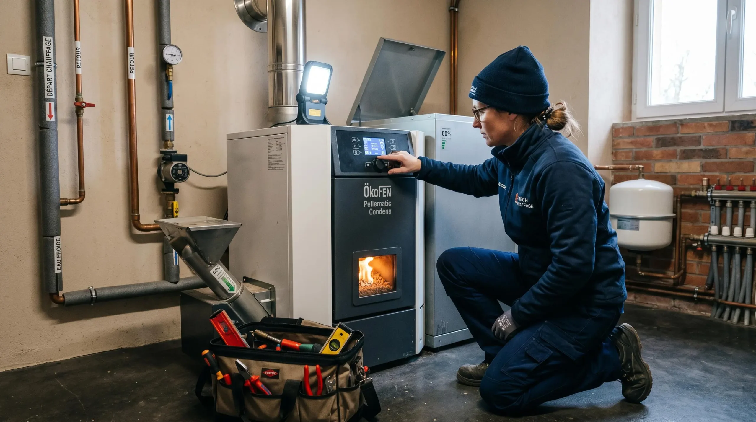 Installateur professionnel certifié (35-50 ans, tenue de travail) agenouillé en train de régler le panneau de contrôle d'une chaudière à granulés moderne dans une chaufferie domestique française, lumière mixte intérieure et lampe de travail