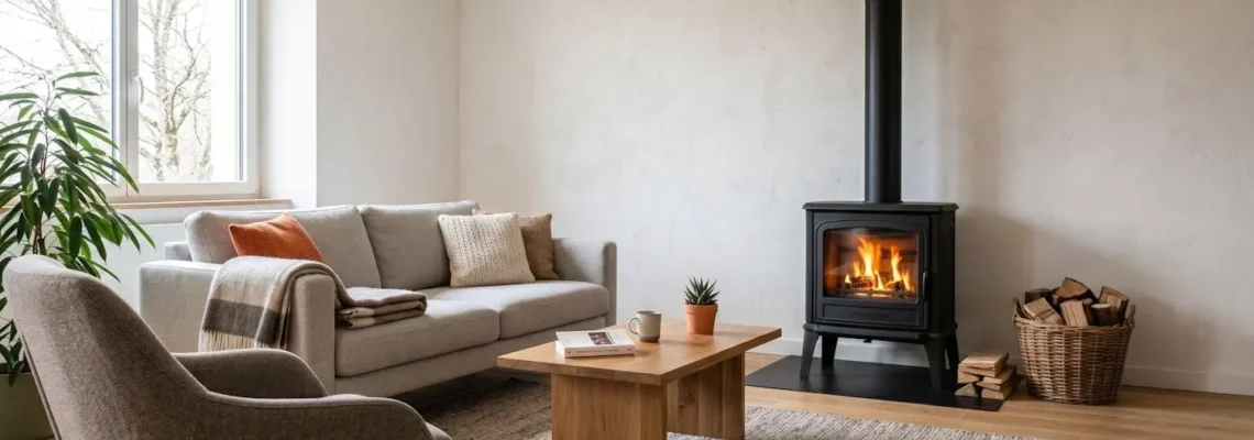 Séjour contemporain français avec un poêle à bois moderne en fonte noire en fonctionnement, flammes visibles à travers la vitre, canapé clair et bûches empilées dans un panier en osier, lumière naturelle douce d'hiver