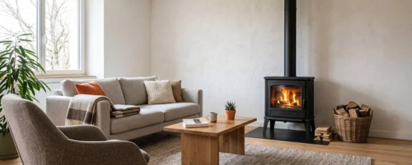 Séjour contemporain français avec un poêle à bois moderne en fonte noire en fonctionnement, flammes visibles à travers la vitre, canapé clair et bûches empilées dans un panier en osier, lumière naturelle douce d'hiver